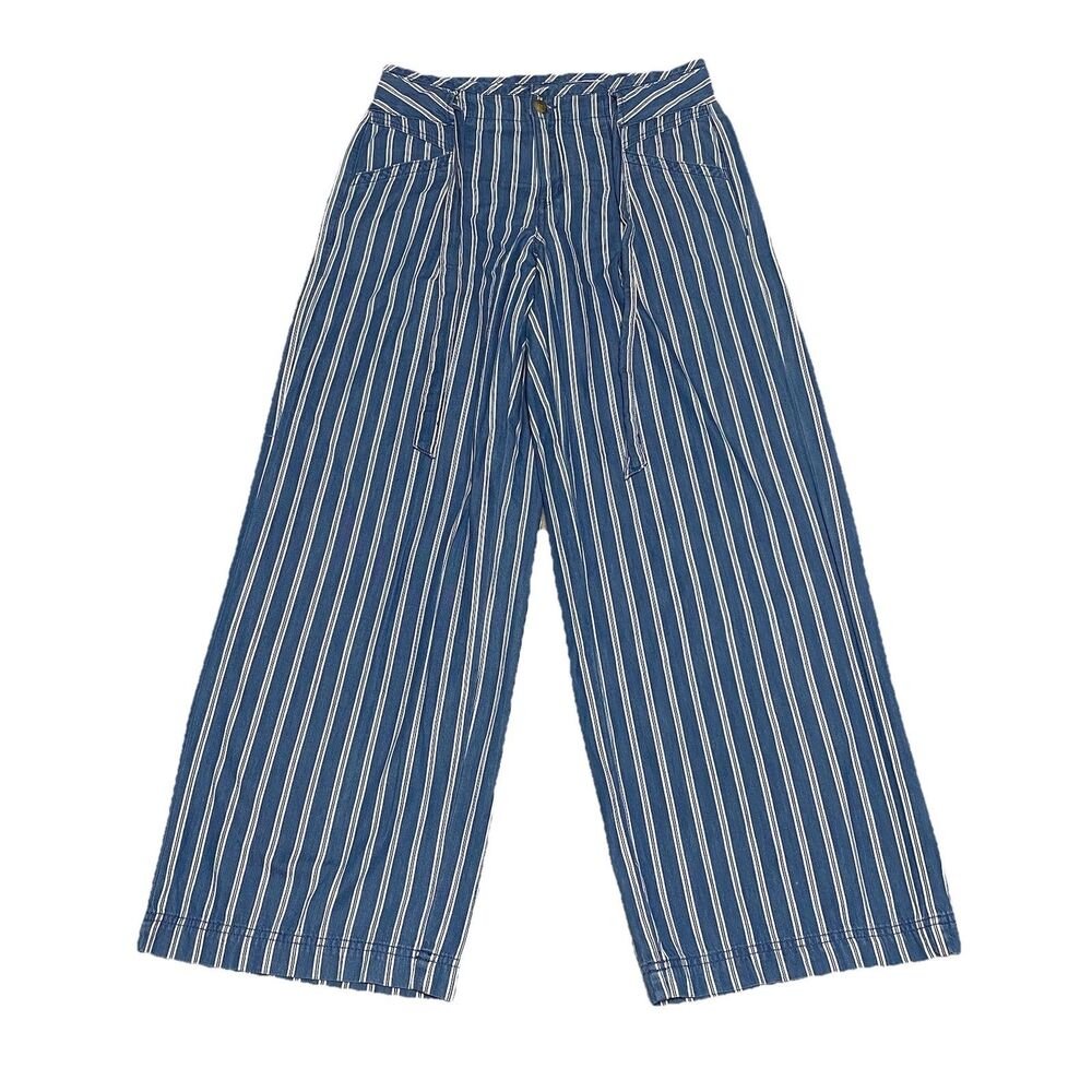 American Eagle Wide Leg Pants Womens 8 Blue Striped Chambray Relaxed Coastal
